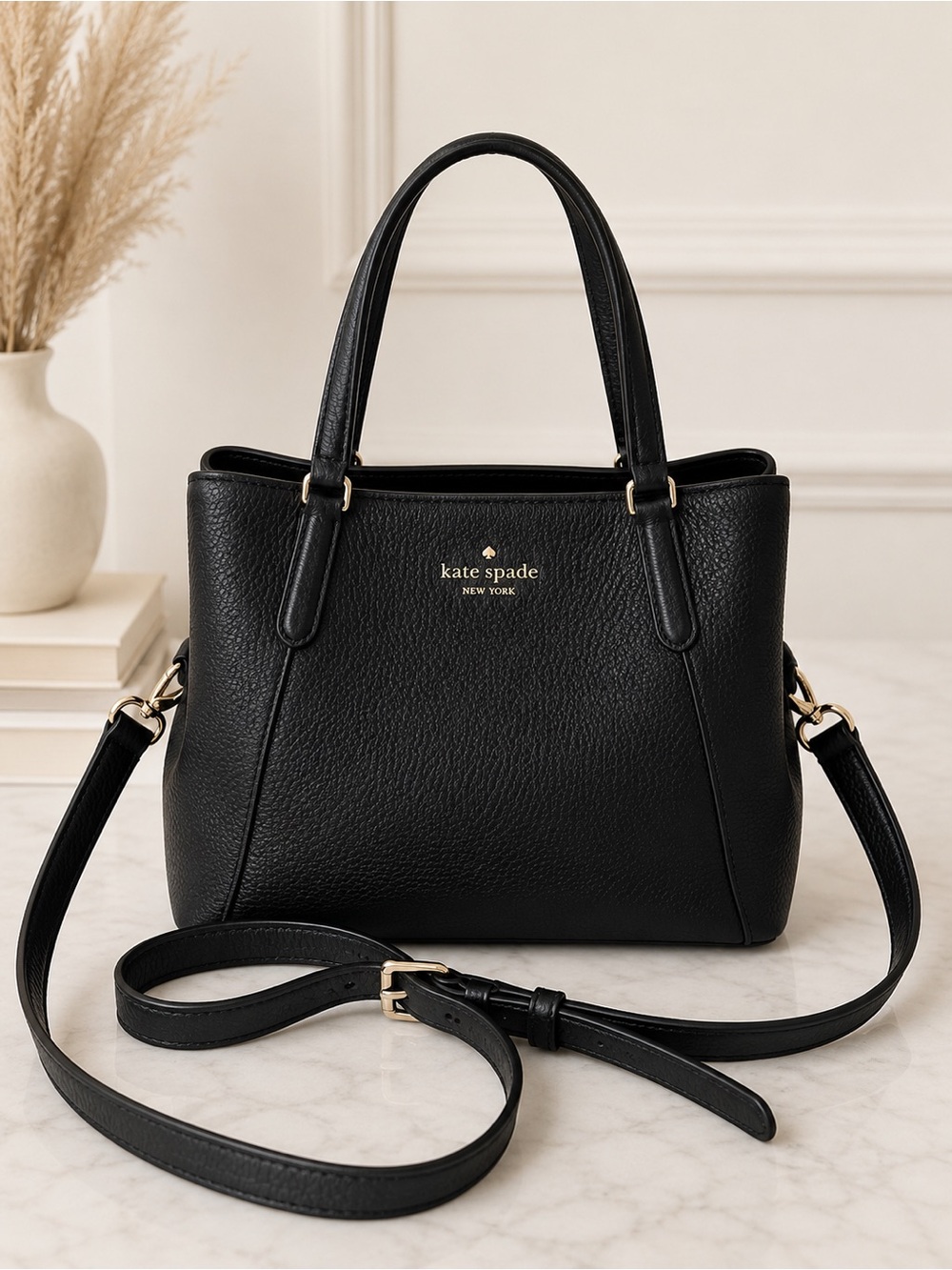 Kate Spade Black Pebbled Leather Satchel Crossbody Top Handle Shoulder Bag